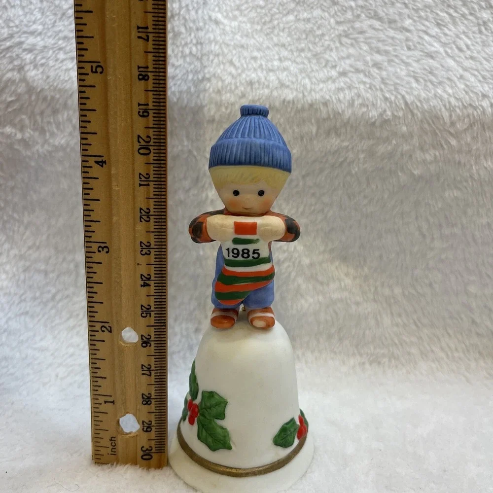 Vintage 1985 Enesco Christmas Bell Figurine Boy‎ Holding Stocking Ornament